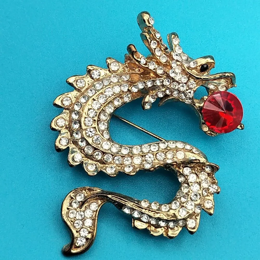 Sparkling Gold Tone Dragon Brooch Pin Red Crystal Ball Clear Rhinestones Fashion